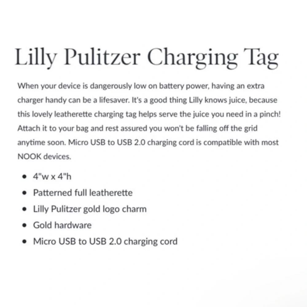 Lilly Pulitzer charging tag in high maintenance print NWT in box